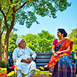 A heartwarming scene depicting an elderly Muslim man sitting on a bench with a young Hindu woman beside him in a serene park