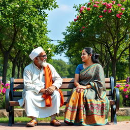 A heartwarming scene depicting an elderly Muslim man sitting on a bench with a young Hindu woman beside him in a serene park