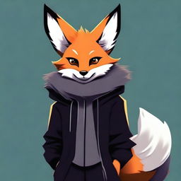 An image of a fox furry character with long, grey fur, dressed in sleek black clothing