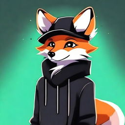 An image of a fox furry character with long, grey fur, dressed in sleek black clothing