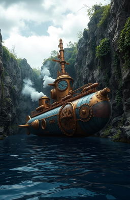 A detailed and intricate steampunk submarine nestled in a mysterious and secret bay