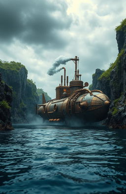A detailed and intricate steampunk submarine nestled in a mysterious and secret bay