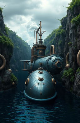 A detailed and intricate steampunk submarine nestled in a mysterious and secret bay