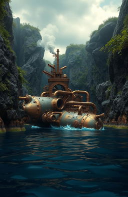 A detailed and intricate steampunk submarine nestled in a mysterious and secret bay