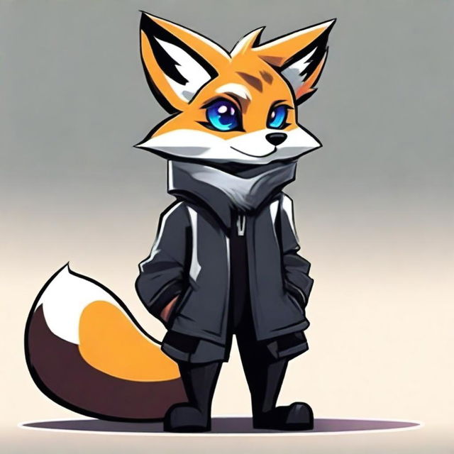 An image of a fox furry character with long, grey fur, dressed in sleek black clothing