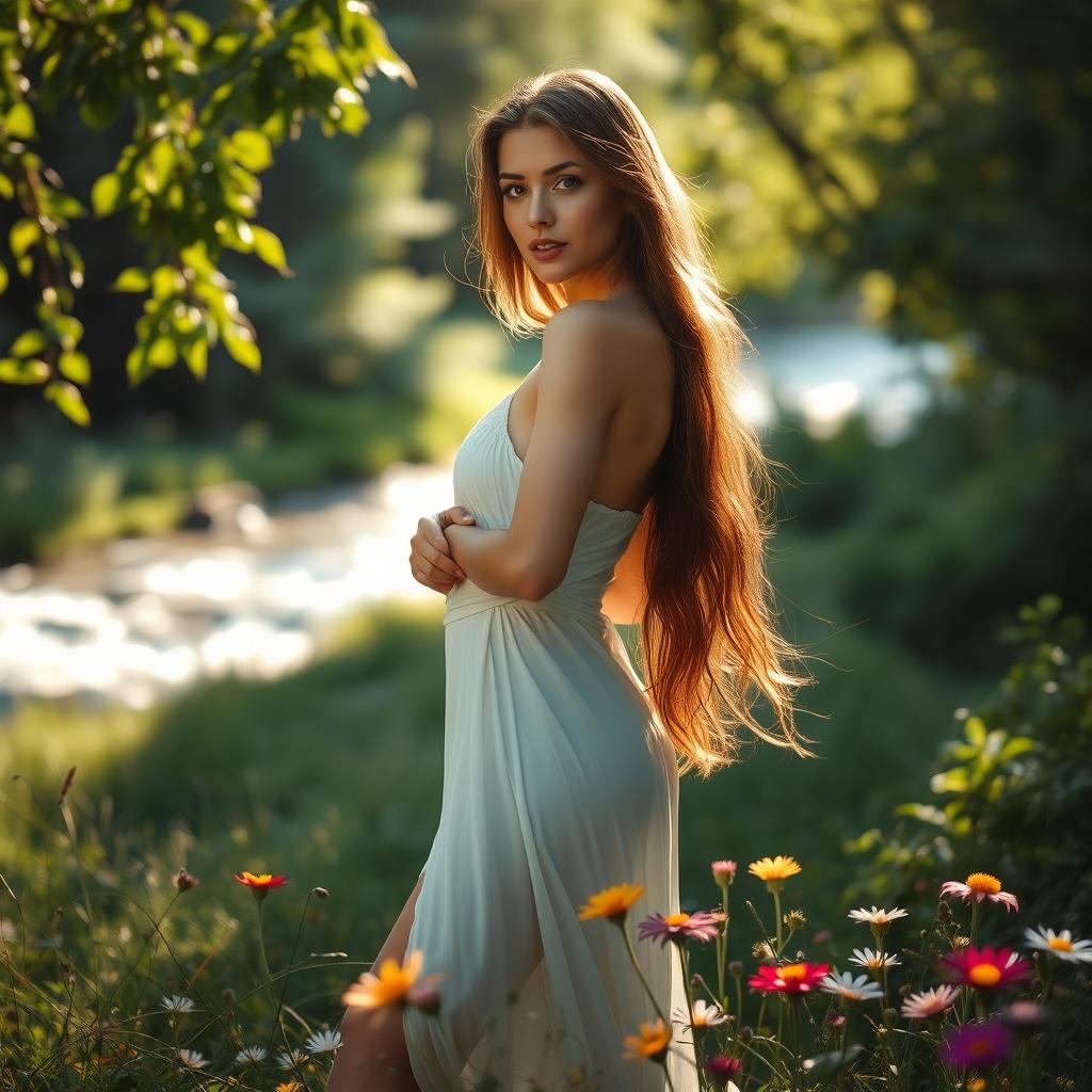 A stunningly beautiful woman standing confidently in a serene natural landscape, surrounded by lush greenery, with soft sunlight filtering through the leaves, illuminating her graceful form