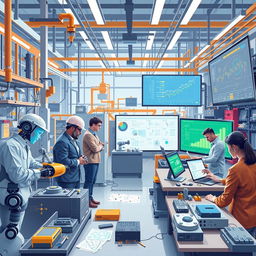 A comprehensive and vibrant illustration showcasing the role of artificial intelligence in engineering activities