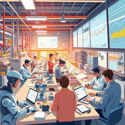 A comprehensive and vibrant illustration showcasing the role of artificial intelligence in engineering activities