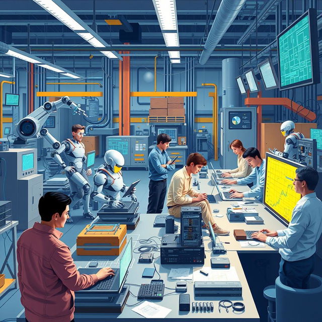 A comprehensive and vibrant illustration showcasing the role of artificial intelligence in engineering activities