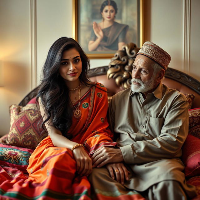 An intimate and contrasting scene featuring a young, attractive Hindu woman with long, flowing hair and vibrant clothing, sitting on a luxurious bed adorned with colorful cushions