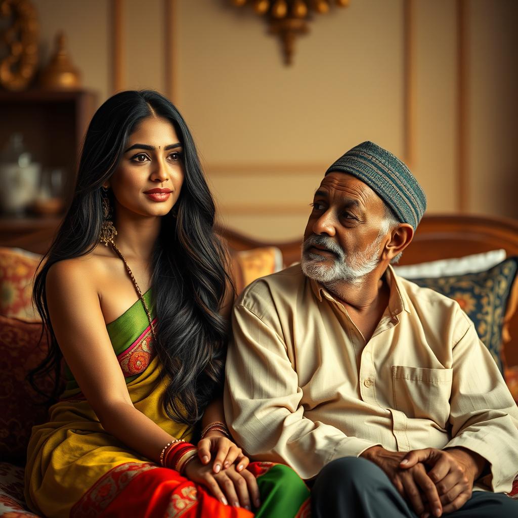 An intimate and contrasting scene featuring a young, attractive Hindu woman with long, flowing hair and vibrant clothing, sitting on a luxurious bed adorned with colorful cushions