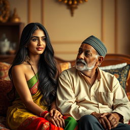 An intimate and contrasting scene featuring a young, attractive Hindu woman with long, flowing hair and vibrant clothing, sitting on a luxurious bed adorned with colorful cushions