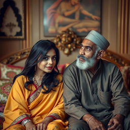 An intimate and contrasting scene featuring a young, attractive Hindu woman with long, flowing hair and vibrant clothing, sitting on a luxurious bed adorned with colorful cushions