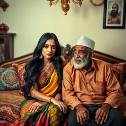 An intimate and contrasting scene featuring a young, attractive Hindu woman with long, flowing hair and vibrant clothing, sitting on a luxurious bed adorned with colorful cushions