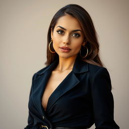 A beautiful 25-year-old woman who radiates confidence, dressed in an eye-catching yet modestly sexy outfit that covers her completely
