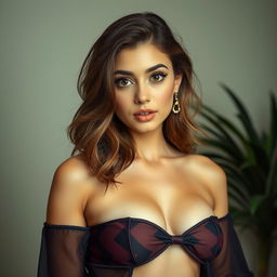 A beautiful 25-year-old woman who radiates confidence, dressed in an eye-catching yet modestly sexy outfit that covers her completely