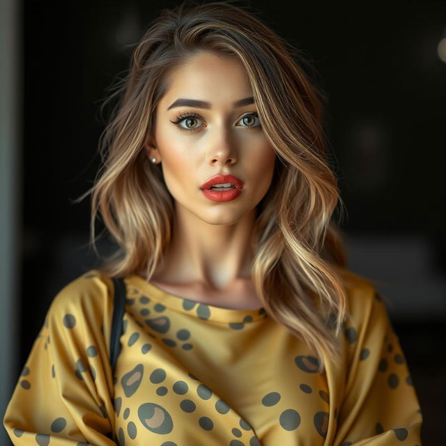 A beautiful 25-year-old woman who radiates confidence, dressed in an eye-catching yet modestly sexy outfit that covers her completely