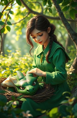 A compassionate young woman in a vibrant green uniform, gently tending to a wounded dragon nestled in a forest clearing