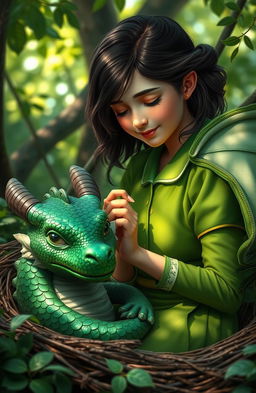 A compassionate young woman in a vibrant green uniform, gently tending to a wounded dragon nestled in a forest clearing