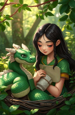 A compassionate young woman in a vibrant green uniform, gently tending to a wounded dragon nestled in a forest clearing