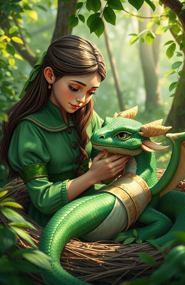 A compassionate young woman in a vibrant green uniform, gently tending to a wounded dragon nestled in a forest clearing