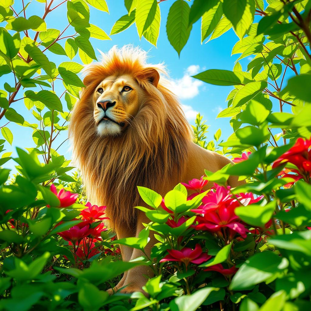 A majestic lion symbolizing strength and power, standing proudly among lush green plants flourishing with vibrant colors