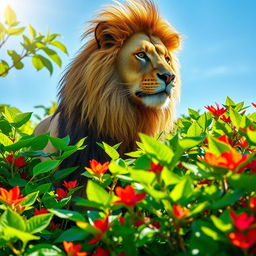 A majestic lion symbolizing strength and power, standing proudly among lush green plants flourishing with vibrant colors