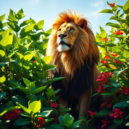 A majestic lion symbolizing strength and power, standing proudly among lush green plants flourishing with vibrant colors
