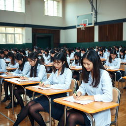 A vibrant scene in a gymnasium filled with female students seated at individual desks, focused intently on writing an exam