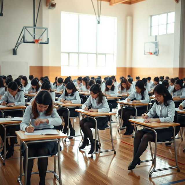 A vibrant scene in a gymnasium filled with female students seated at individual desks, focused intently on writing an exam