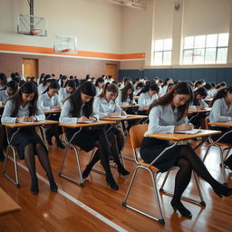 A vibrant scene in a gymnasium filled with female students seated at individual desks, focused intently on writing an exam