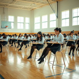 A vibrant scene in a gymnasium filled with female students seated at individual desks, focused intently on writing an exam