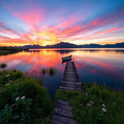 A serene landscape at sunset featuring a tranquil lake reflecting the vibrant colors of the sky, with silhouetted mountains in the background