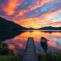 A serene landscape at sunset featuring a tranquil lake reflecting the vibrant colors of the sky, with silhouetted mountains in the background