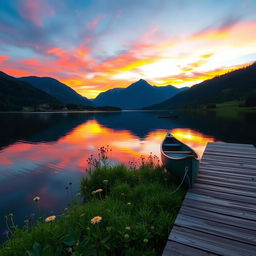 A serene landscape at sunset featuring a tranquil lake reflecting the vibrant colors of the sky, with silhouetted mountains in the background