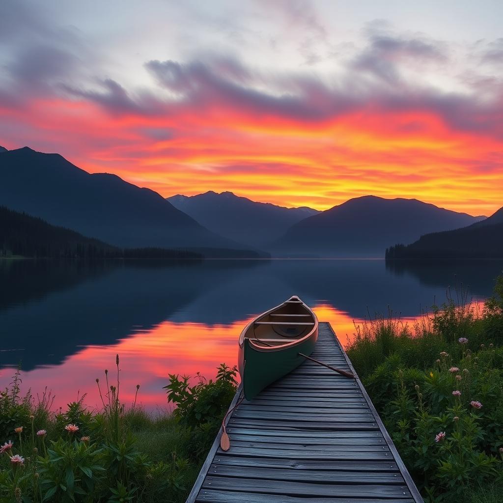 A serene landscape at sunset featuring a tranquil lake reflecting the vibrant colors of the sky, with silhouetted mountains in the background