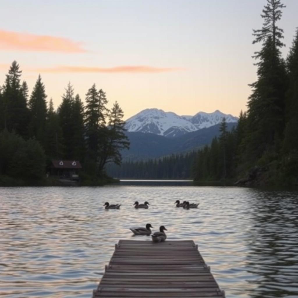 A serene landscape depicting a tranquil lake surrounded by dense pine trees and distant snow-capped mountains