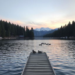 A serene landscape depicting a tranquil lake surrounded by dense pine trees and distant snow-capped mountains