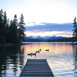 A serene landscape depicting a tranquil lake surrounded by dense pine trees and distant snow-capped mountains