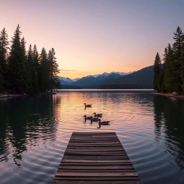 A serene landscape depicting a tranquil lake surrounded by dense pine trees and distant snow-capped mountains