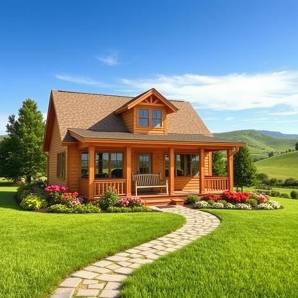 A cozy, charming house set in a picturesque landscape, featuring a welcoming front porch with a swing, surrounded by colorful flowers and lush greenery