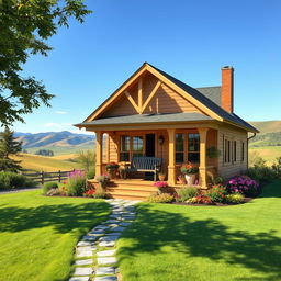 A cozy, charming house set in a picturesque landscape, featuring a welcoming front porch with a swing, surrounded by colorful flowers and lush greenery