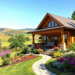A cozy, charming house set in a picturesque landscape, featuring a welcoming front porch with a swing, surrounded by colorful flowers and lush greenery