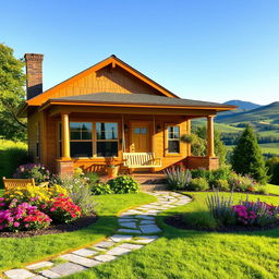 A cozy, charming house set in a picturesque landscape, featuring a welcoming front porch with a swing, surrounded by colorful flowers and lush greenery