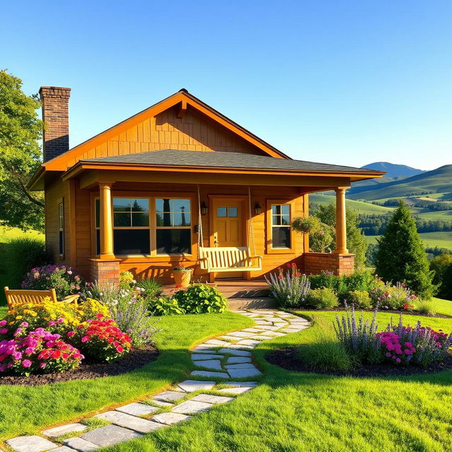 A cozy, charming house set in a picturesque landscape, featuring a welcoming front porch with a swing, surrounded by colorful flowers and lush greenery