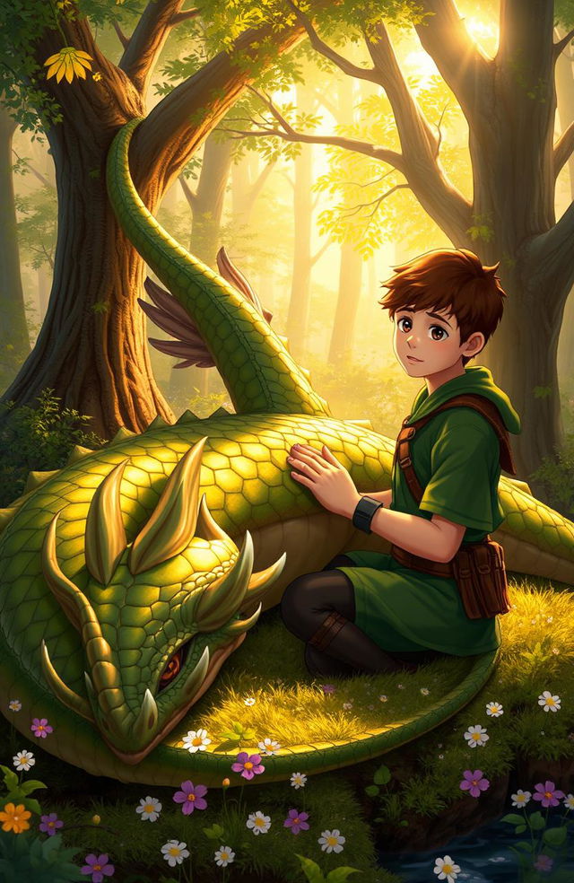 A teenager in a green uniform, showing compassion and care, is tending to a large wounded dragon