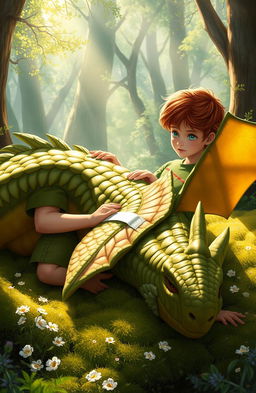 A teenager in a green uniform, showing compassion and care, is tending to a large wounded dragon