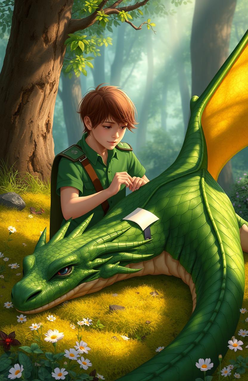 A teenager in a green uniform, showing compassion and care, is tending to a large wounded dragon