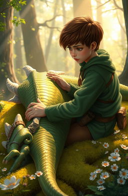 A teenager in a green uniform, showing compassion and care, is tending to a large wounded dragon