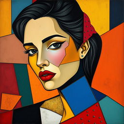 A beautiful woman depicted in a Cubist style, with fragmented shapes and bold colors representing her facial features and body